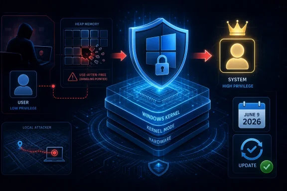 Cybersecurity graphic showing Windows kernel, a shield, and a system privilege upgrade with update date.