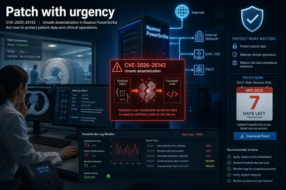 Cybersecurity alert poster urging urgent patching for CVE-2026-26142 unsafe deserialization in Nuance PowerScribe.