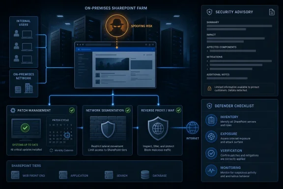 Cybersecurity infographic showing SharePoint on-premises protection against spoofing risk with mitigation steps and checklist.