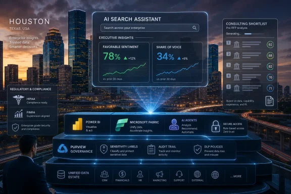 Houston skyline with an AI analytics dashboard showing executive insights, consulting shortlist, and enterprise governance.