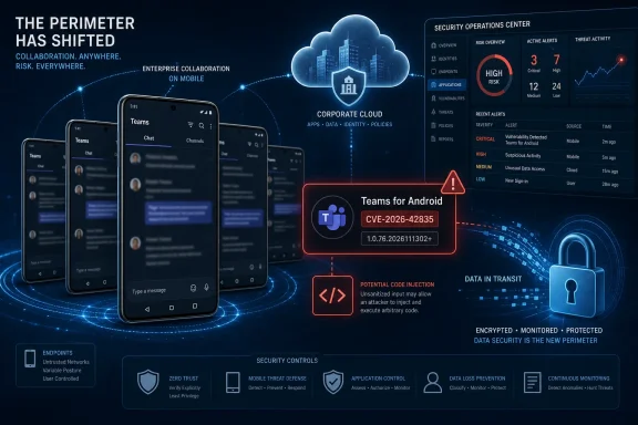 Cybersecurity dashboard shows secure corporate cloud access for Teams on mobile, highlighting high risks and alerts.