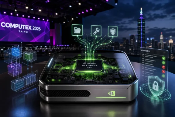 Futuristic NVIDIA RTX Spark server at COMPUTEX 2026 with neon security and audit log overlays.