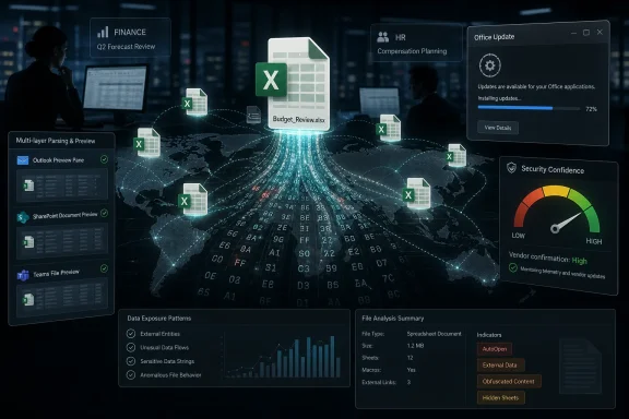 Digital dashboard showing Excel files, global data flow, and office security/update monitoring in a corporate setting.