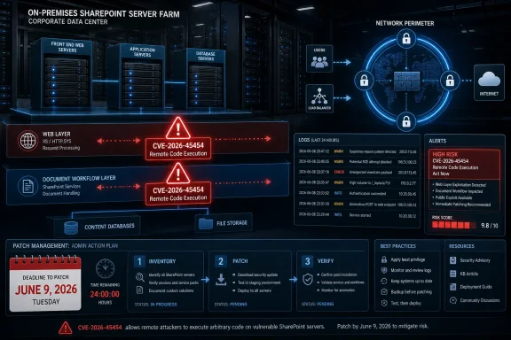 Cybersecurity dashboard showing on-premises SharePoint server farm, CVE-2026-45454 alerts and patch plan.