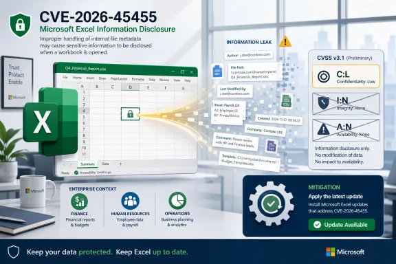 Cybersecurity warning for Microsoft Excel CVE-2026-45455, showing potential information leak on opening a workbook.
