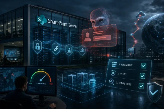 Cybersecurity-themed server control room with SharePoint Server branding, AI hacker overlay, and security checklist.