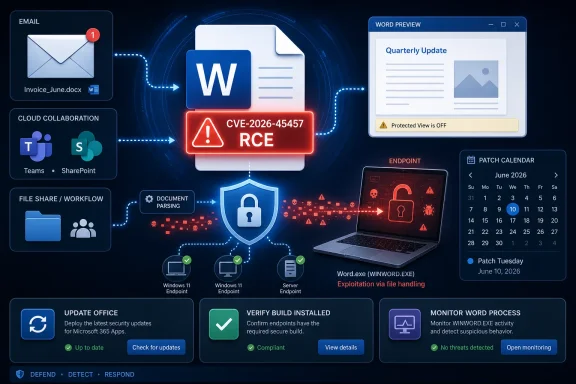 Cybersecurity alert diagram showing a Word RCE (CVE-2026-45457) exploit path and patch calendar for June 2026.