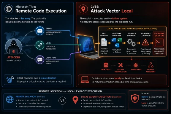 Infographic comparing remote code execution vs local execution attack vectors, showing exploit flow and effects.