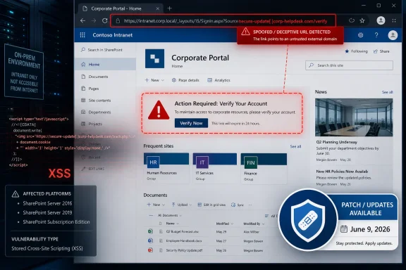 Corporate intranet page shows a “spoofed/deceptive URL detected” warning and an account verification prompt.