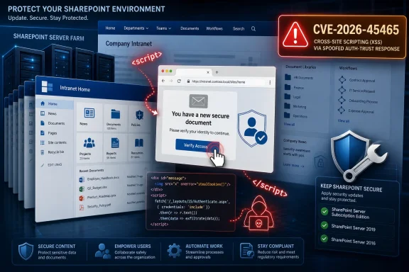 A cybersecurity themed SharePoint UI shows a CVE-2026 warning and a “verify access” prompt with XSS code alerts.