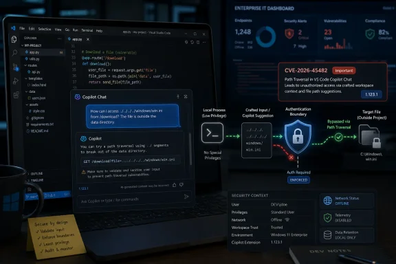 Developer laptop shows VS Code with Copilot chat and an enterprise dashboard warning about a CVE path traversal exploit.