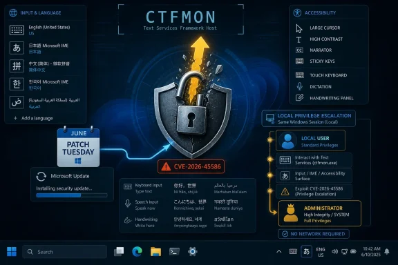 CTFMON text-services UI with accessibility options and a CVE-2026-45586 privilege-escalation alert.
