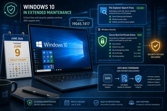 Promotional graphic showing Windows 10 extended maintenance, Patch Tuesday June 2026, and Secure Boot security updates.