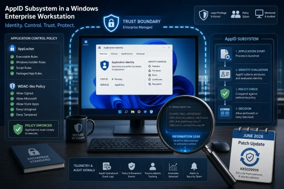Diagram of Windows AppID subsystem enforcing application identity and policy on an enterprise workstation.