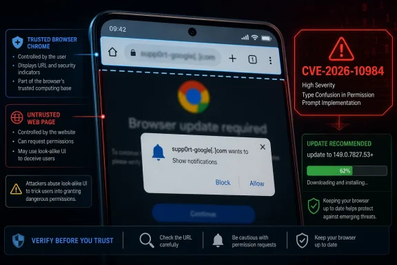 Mobile browser shows a notification permission prompt warning of a high-severity CVE-2026-10984 security risk.
