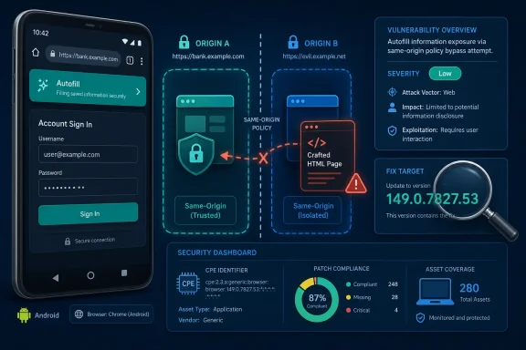 Android login screen shows a same-origin policy bypass vulnerability with severity and patch details.