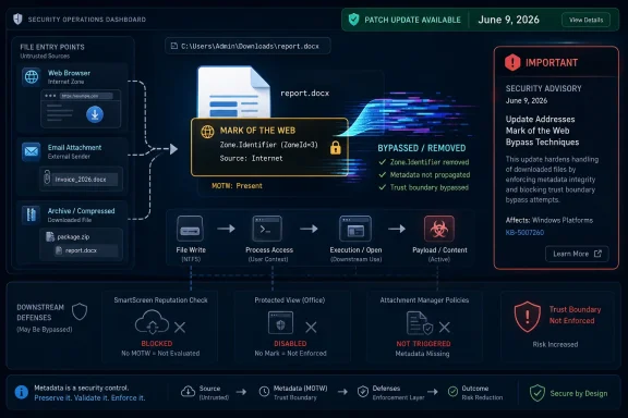 Security dashboard shows a DOCX “Zone.Identifier” trust-boundary bypass being removed, with an important advisory.
