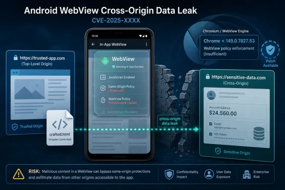 Illustration of an “Android WebView Cross-Origin Data Leak” risk bypassing same-origin protections.