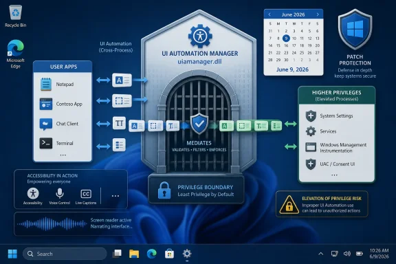 Diagram shows UI Automation Manager (uiamanager.dll) mediating apps, with June 2026 patch and security/privilege warnings.