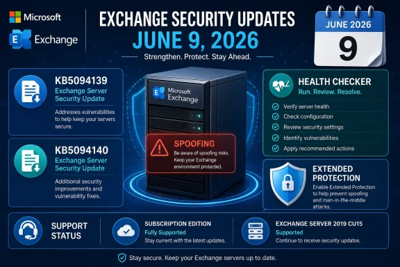 Microsoft Exchange security update infographic for June 9, 2026, showing KB5094139 and KB5094140.