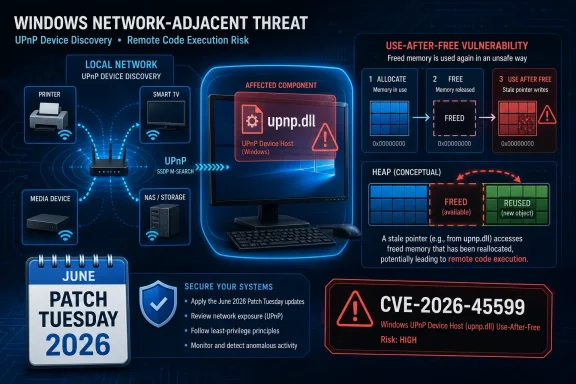 Cybersecurity infographic showing Windows UPnP upnp.dll use-after-free threat (CVE-2026-45599) and remote code risk.