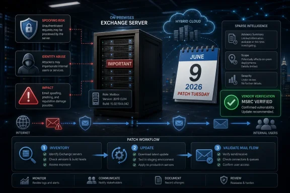 Infographic showing Exchange server security risks, patch workflow, and hybrid cloud network protections.