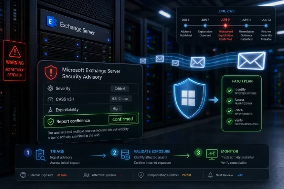 Futuristic dashboard shows a critical Microsoft Exchange security advisory and patch plan in a server room.
