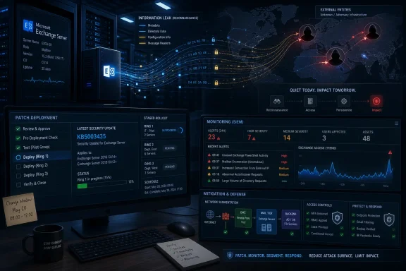 Cybersecurity dashboard monitoring Microsoft Exchange server patch deployment and potential information leaks.