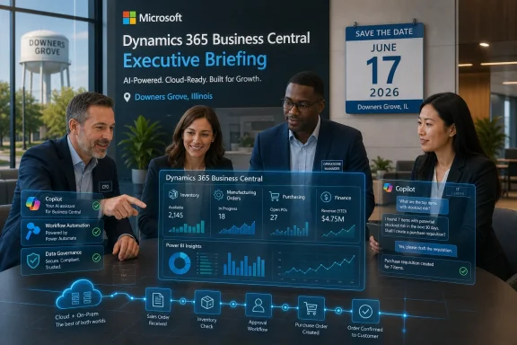 Business team presenting Microsoft Dynamics 365 Business Central executive briefing with holographic analytics.