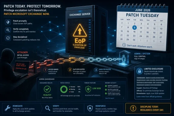Cybersecurity poster urging to patch Microsoft Exchange, showing EoP risk and June 2026 Patch Tuesday calendar.