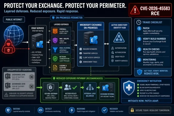 Cybersecurity infographic advising layered protection and rapid RCE mitigation for Microsoft Exchange.