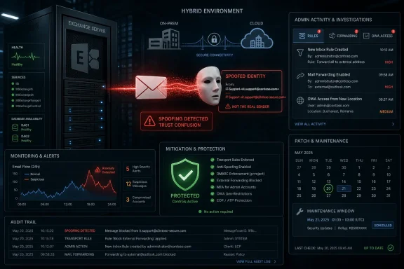 Cybersecurity dashboard showing spoofed identity alerts, server protection, and admin activity in a hybrid environment.