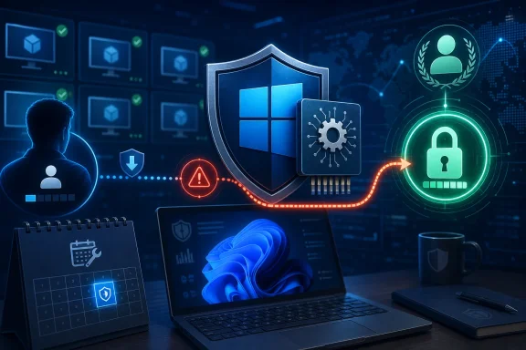 Cybersecurity concept illustration with a shield, Windows icon, and locked access on a futuristic monitor.