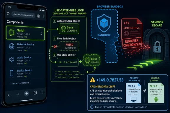 Diagram of a browser security flaw showing a use-after-free loop that escapes the sandbox.