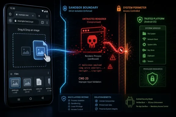 Android security UI shows a sandbox boundary blocking an untrusted, compromised renderer input attack.