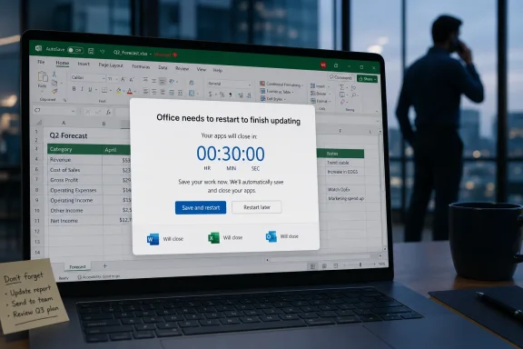 Laptop shows a Microsoft Office restart prompt with a countdown timer while updating an Excel sheet.