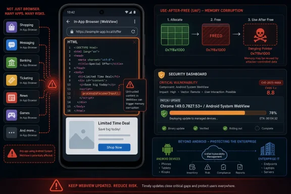 Security dashboard graphic warning of Android WebView use-after-free memory corruption vulnerability.