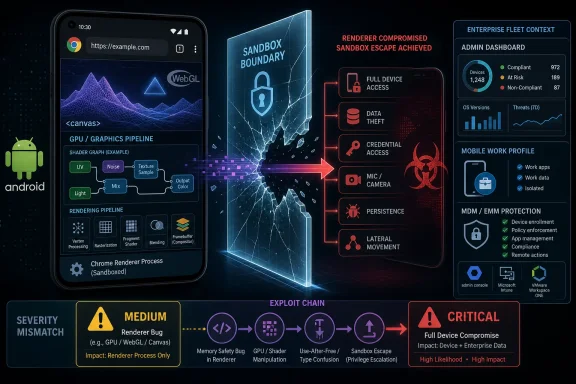 Infographic shows an Android sandbox escape exploit chain leading to full device compromise.