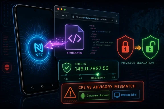 Hacker-themed screen shows a crafted HTML page, NFC icon, and lock/protection warnings.