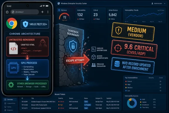 Cybersecurity dashboard showing Windows security metrics and a Chrome sandbox vulnerability/escape attempt diagram.