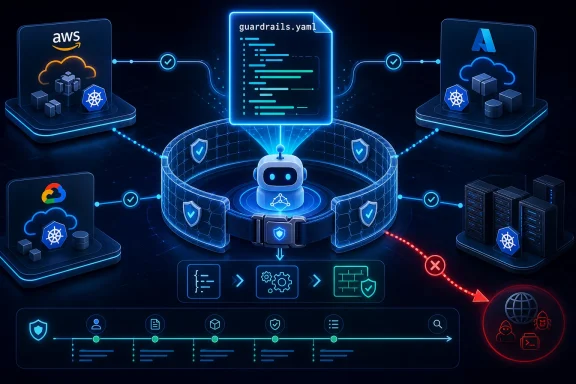 Neon cybersecurity dashboard showing an AI robot protecting networks with verified guardrails and alerts.