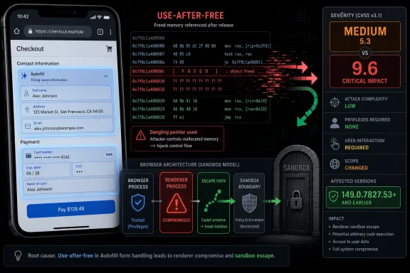 Diagram shows a security alert for use-after-free vulnerability in an autofill checkout app, with sandbox escape risk.