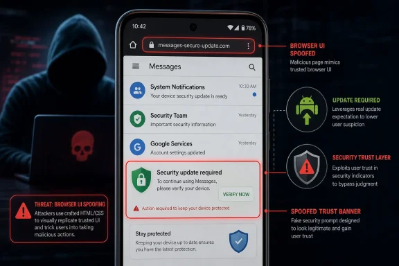 Hacker-themed image showing a spoofed “Security update required” Messages phishing prompt on a phone.