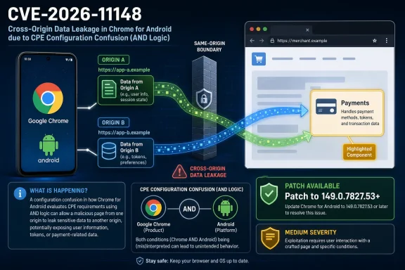 Infographic showing CVE-2026-11148 Chrome Android cross-origin data leakage and patch guidance.