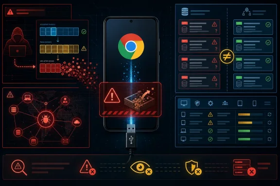 Futuristic cybersecurity dashboard showing Chrome on a phone connected via USB, with warnings and network alerts.