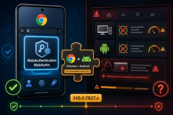 Split-screen shows WebAuthn on a phone versus an Android security warning dashboard with risk alerts.