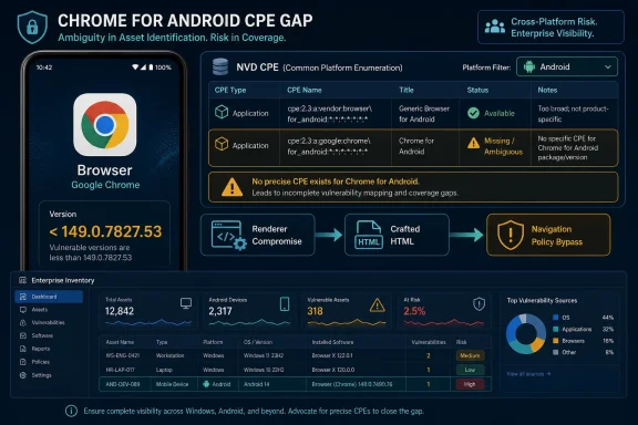 Cybersecurity dashboard showing Chrome for Android CPE gap and vulnerability coverage risk.