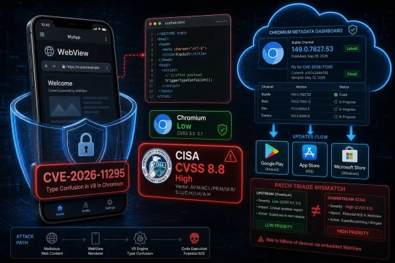Cybersecurity graphic showing a WebView/Chromium vulnerability (CVE-2026-11295, CVSS 8.8) and patch flow.