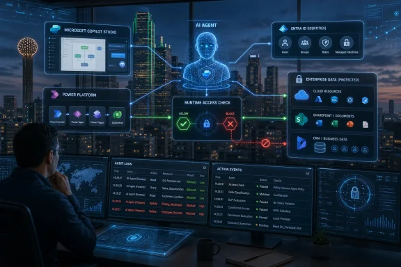 A man monitors an AI agent dashboard with secure enterprise access checks over a city skyline.