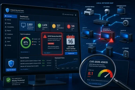 Cybersecurity dashboard showing endpoint patch compliance, risk alerts, and a CVE vulnerability status map.